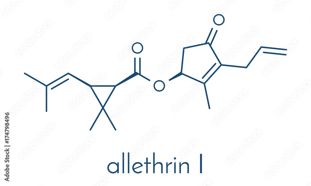 Allethrin pyrethroid insecticide. Synthetic analog of chrysanthemum flower chemical. Often used against mosquitos. Skeletal formula. Allethrin pyrethroid insecticide. Synthetic analog of chrysanthemum flower chemical. Often used against mosquitos. Skeletal formula.