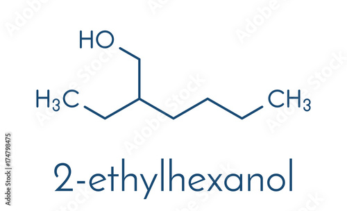 2-ethylhexanol (2-EH) molecule. Used as solvent, fragrance component and chemical precursor. Skeletal formula.