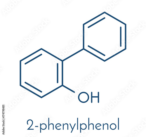 2-phenylphenol preservative molecule. Biocide used as food additive, preservative, and disinfectant.  Skeletal formula.