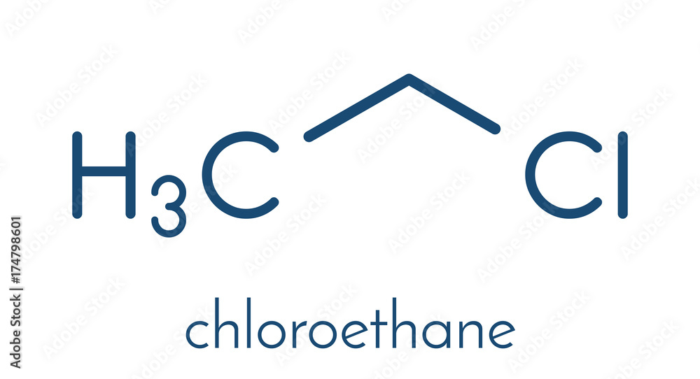 Chloroethane (ethyl chloride) local anesthetic molecule. Skeletal ...
