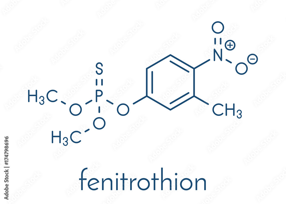 Fenitrothion phosphorothioate insecticide molecule. Skeletal formula. Fenitrothion phosphorothioate insecticide molecule. Skeletal formula.