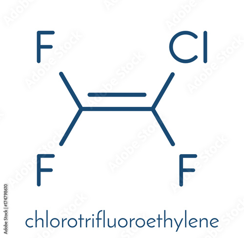 Chlorotrifluoroethylene (CTFE) refrigerant molecule and polychlorotrifluoroethylene plastic building block. Skeletal formula.