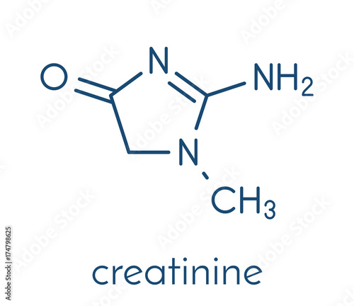 Creatinine molecule. Creatine breakdown product. Creatinine clearance is used to measure kidney function. Skeletal formula.