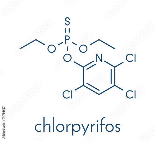 Chlorpyrifos organophosphate pesticide molecule. Toxic and carcinogenic. Mainly used in agriculture. Skeletal formula.
