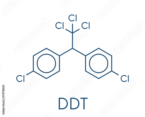 DDT (dichlorodiphenyltrichloroethane) molecule. Controversial pesticide, used in agriculture and for malaria disease vector control. Skeletal formula.