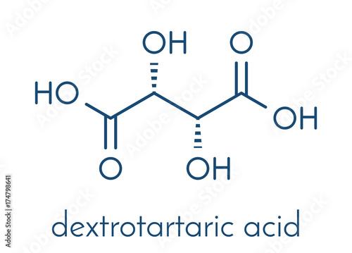 Tartaric acid (dextrotartaric acid) molecule. Acid present in wine, added as oxidant additive E334 to food. Skeletal formula.