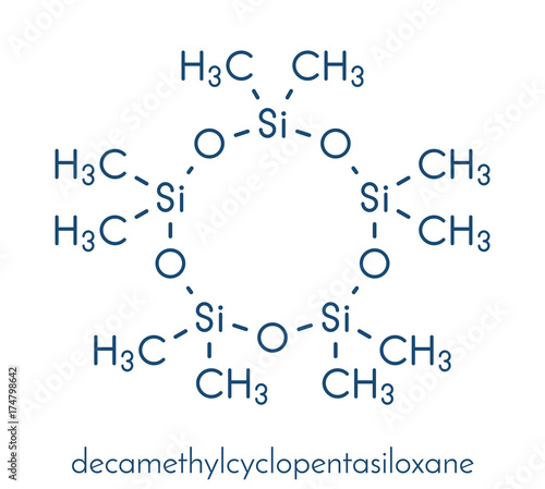 Decamethylcyclopentasiloxane (D5) molecule. Cyclic silicone chemical, frequently used in cosmetics (deodorants, sunblocks, hair and skin care, etc.). Skeletal formula.