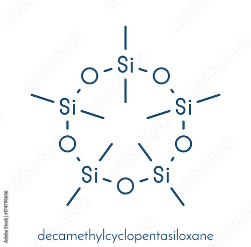 Decamethylcyclopentasiloxane (D5) molecule. Cyclic silicone chemical, frequently used in cosmetics (deodorants, sunblocks, hair and skin care, etc.). Skeletal formula.