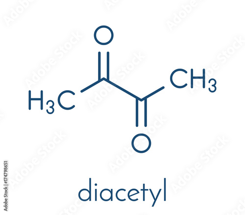 Diacetyl (butanedione) molecule. Responsible for taste of butter. Used for butter flavouring. Causes popcorn worker’s lung (bronchiolitis obliterans). Skeletal formula.