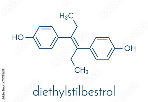Diethylstilbestrol (DES, stilboestrol) synthetic estrogen molecule, chemical structure. Skeletal formula.