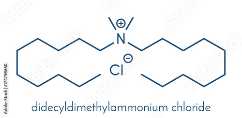 Didecyldimethylammonium chloride antiseptic molecule. Biocidal disinfectant, active against bacteria and fungi. Skeletal formula.