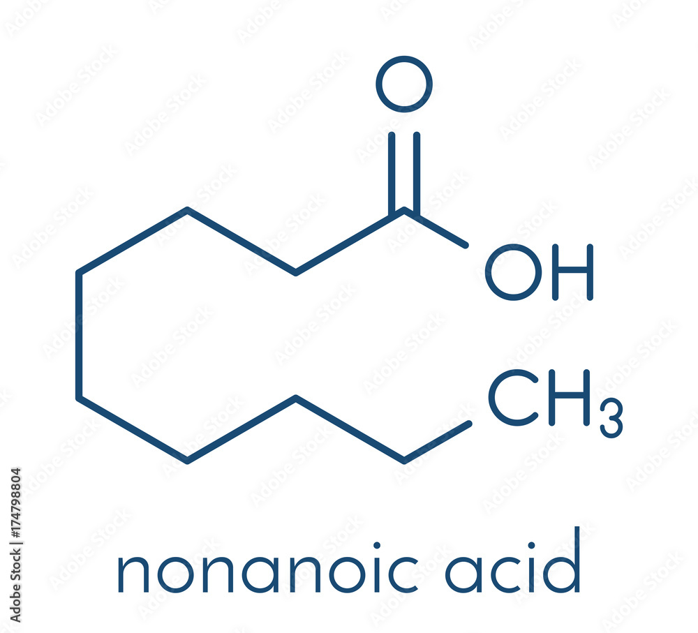 Nonanoic acid (pelargonic acid) molecule. Ammonium salt used as broad-spectrum herbicide. Skeletal formula. Nonanoic acid (pelargonic acid) molecule. Ammonium salt used as broad-spectrum herbicide. Skeletal formula.
