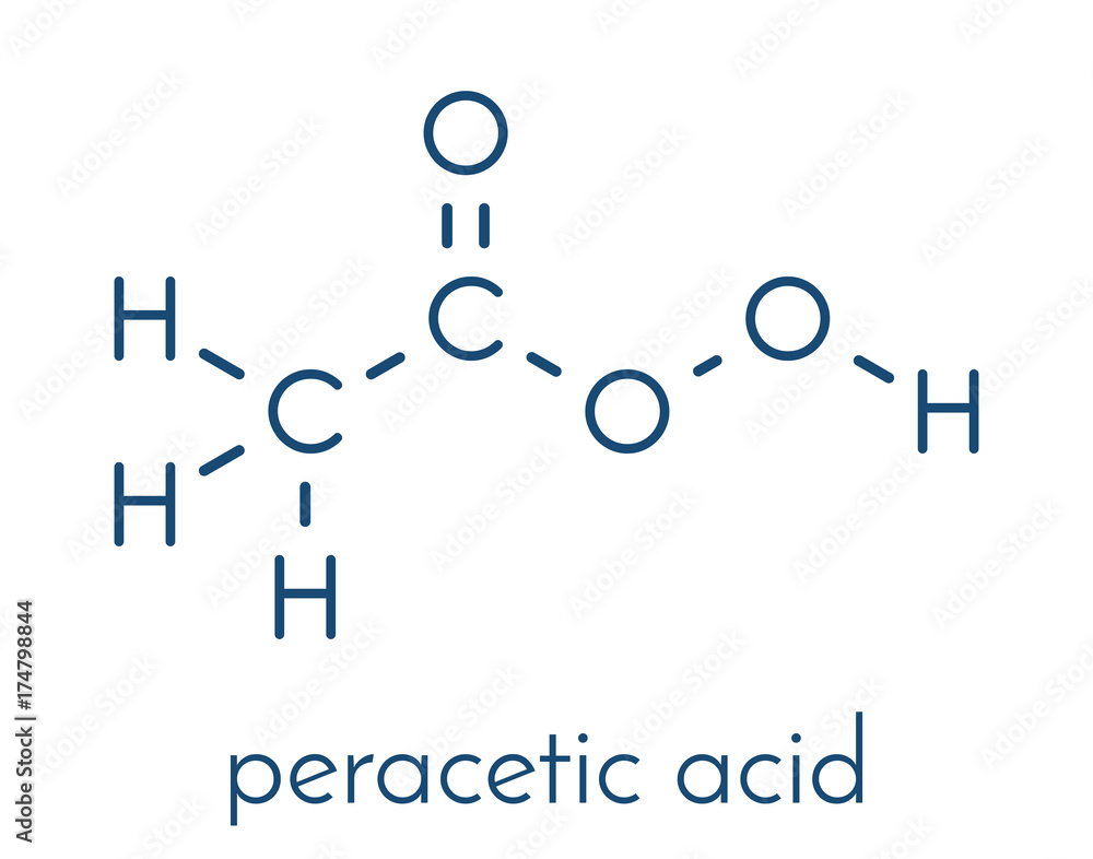 Peracetic acid (peroxyacetic acid, paa) disinfectant molecule. Organic peroxide commonly used as antimicrobial agent. Skeletal formula. Peracetic acid (peroxyacetic acid, paa) disinfectant molecule. Organic peroxide commonly used as antimicrobial agent. Skeletal formula.