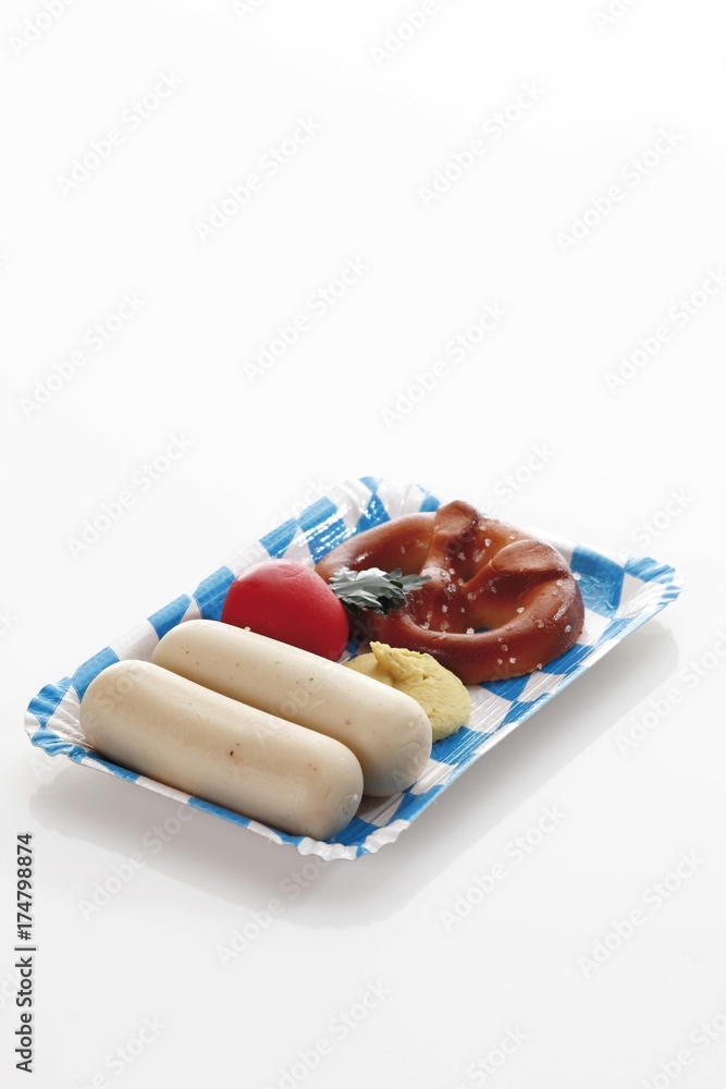 Bavarian paper plate, snack, pretzel, Weisswuerste Bavarian veal sausages, radish, and mustard, all made from marzipan Bavarian paper plate, snack, pretzel, Weisswuerste Bavarian veal sausages, radish, and mustard, all made from marzipan