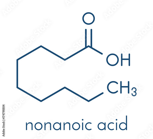 Nonanoic acid (pelargonic acid) molecule. Ammonium salt used as broad-spectrum herbicide. Skeletal formula. photo