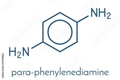 p-Phenylenediamine (PPD) hair dye molecule. Also precursor in polymer synthesis. Known contact allergen, possibly carcinogenic. Skeletal formula.