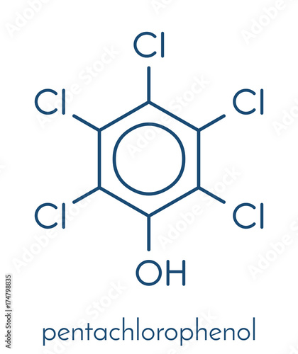 Pentachlorophenol (PCP) pesticide and disinfectant molecule. Often used for wood preservation. Skeletal formula.