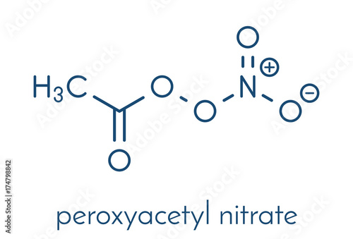Peroxyacetyl nitrate (PAN) pollutant molecule. Secondary pollutant, found in photochemical smog. Further decomposes into peroxyethanol radical and nitrogen dioxide. Skeletal formula.