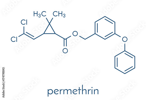 Permethrin pyrethroid insecticide. Used to treat scabies and head lice in humans. Used to impregnate mosquito nets and in flea collars for dogs. Skeletal formula.