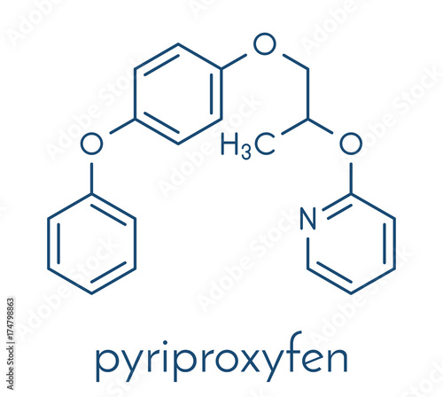 Pyriproxyfen pesticide molecule. Juvenile hormone analogue that prevents larvae from developing. Skeletal formula.