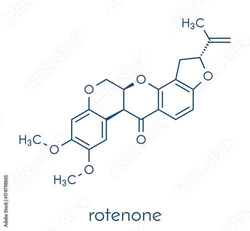 Rotenone broad-spectrum insecticide molecule. Also linked to development of Parkinson’s disease. Skeletal formula.