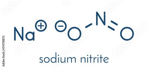 Sodium nitrite, chemical structure. Nitrite salts are used in the curing of meat. Skeletal formula.