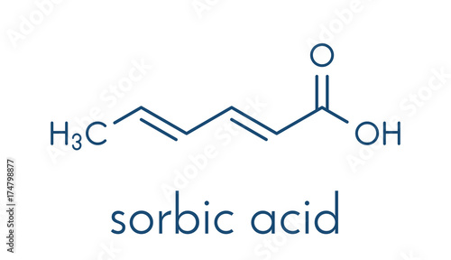 Sorbic acid food preservative molecule. Sorbate (sodium, potassium, calcium) also used for same purpose. Skeletal formula.