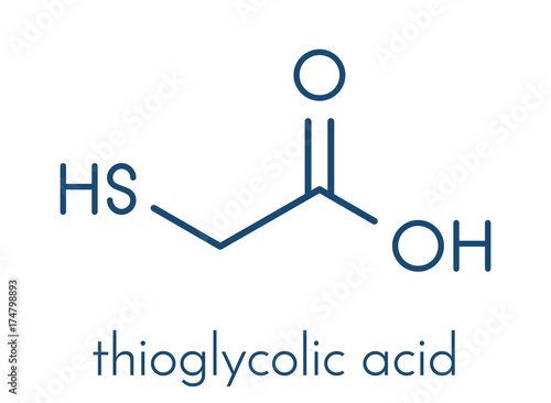 Thioglycolic acid (TGA) molecule. Used in chemical depilation and for making permanent waves (perms) in hair. The latter involves the ammonium thioglycolate form. Skeletal formula.
