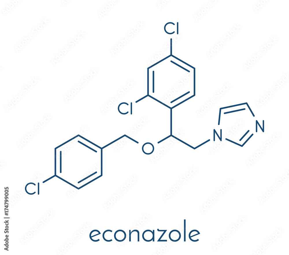 Econazole antifungal drug molecule. Skeletal formula. Econazole antifungal drug molecule. Skeletal formula.