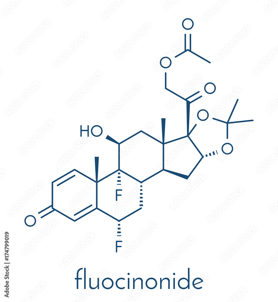 Fluocinonide topical corticosteroid drug molecule. Skeletal formula. Fluocinonide topical corticosteroid drug molecule. Skeletal formula.
