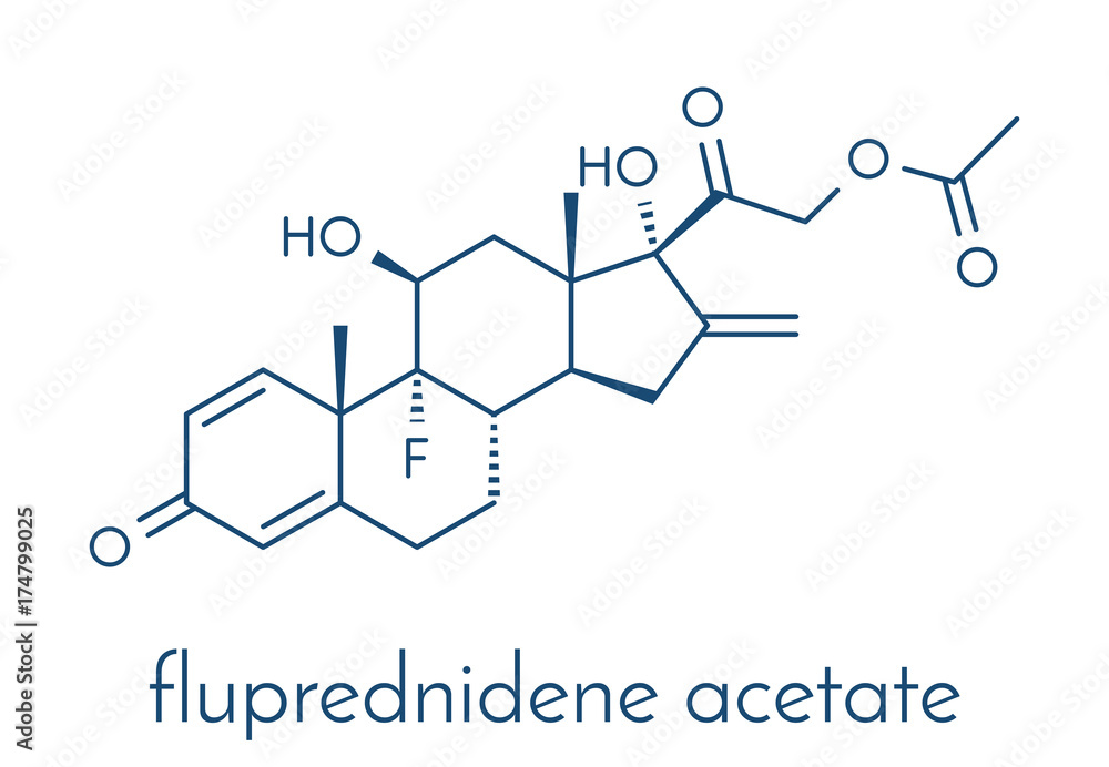 Fluprednidene acetate corticosteroid molecule. Skeletal formula. Fluprednidene acetate corticosteroid molecule. Skeletal formula.
