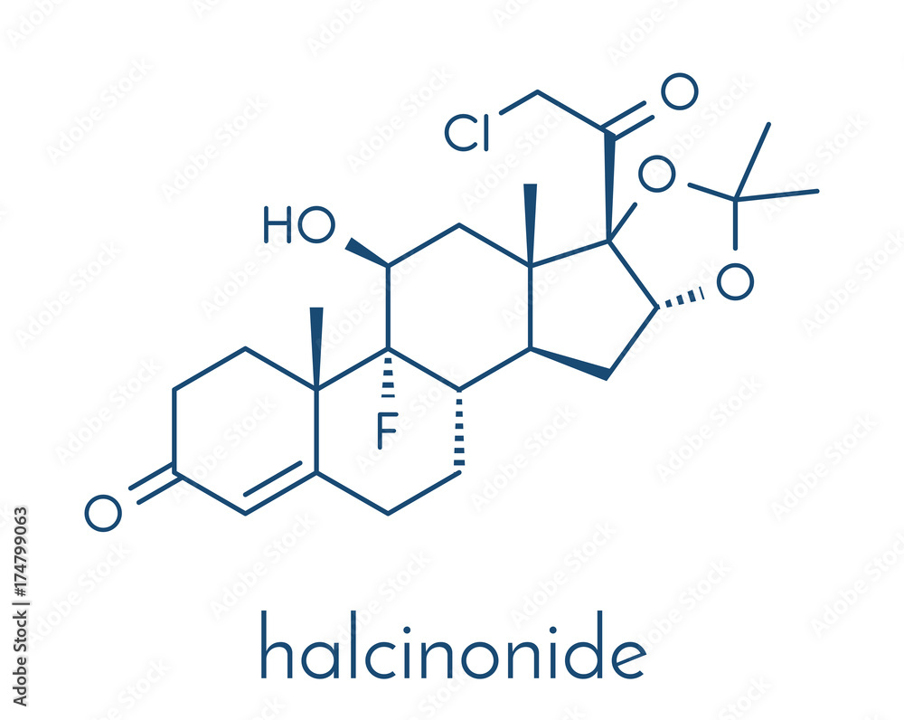 Halcinonide topical corticosteroid drug molecule. Skeletal formula. Halcinonide topical corticosteroid drug molecule. Skeletal formula.