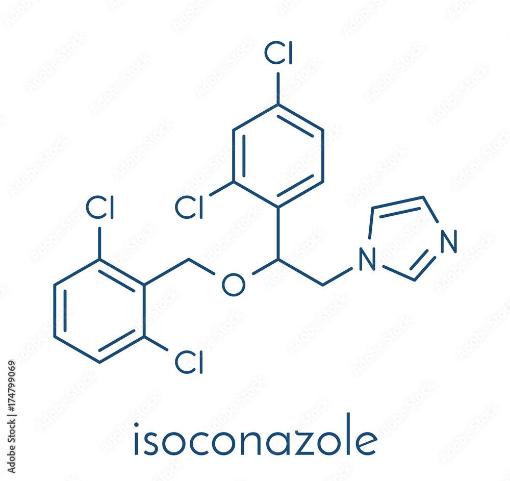 Isoconazole antifungal drug molecule. Skeletal formula. Isoconazole antifungal drug molecule. Skeletal formula.