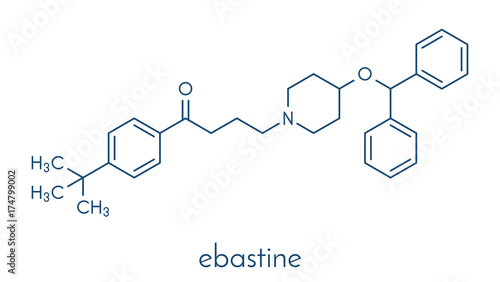 Ebastine antihistamine drug molecule. Skeletal formula.