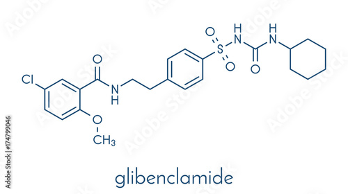 Glibenclamide (glyburide) diabetes drug molecule. Skeletal formula.