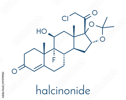Halcinonide topical corticosteroid drug molecule. Skeletal formula.