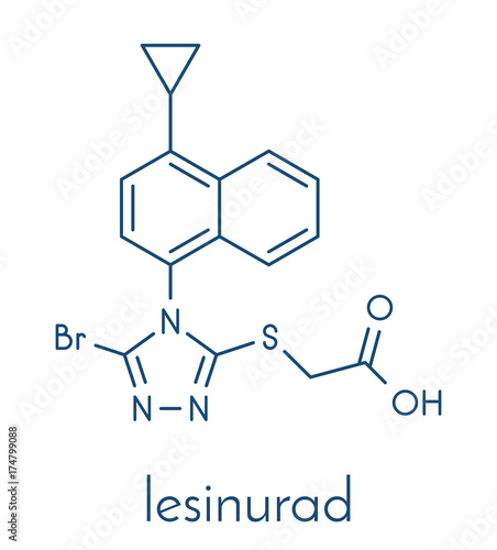 Lesinurad gout drug molecule. Skeletal formula.