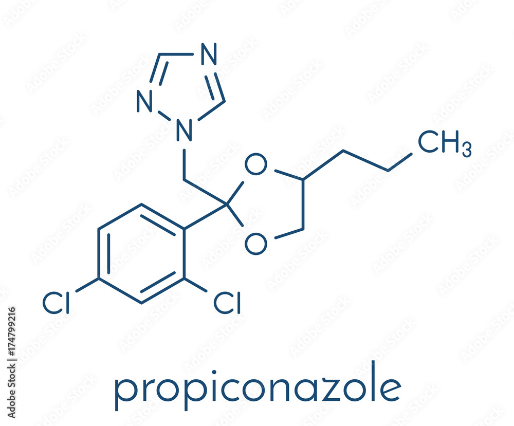 Propiconazole fungicide molecule, used in agriculture for crop protection. Skeletal formula. Propiconazole fungicide molecule, used in agriculture for crop protection. Skeletal formula.