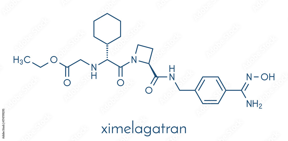 Fototapeta premium Ximelagatran anticoagulant drug molecule (direct thrombin inhibitor). Skeletal formula.