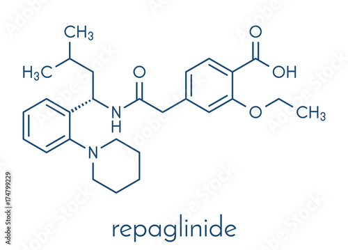 Repaglinide diabetes drug molecule. Skeletal formula.