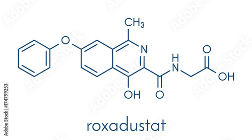 Roxadustat drug molecule. Inhibitor of hypoxia-inducible factor prolyl hydroxylase that is in development (2016) for treatment of anemia in chronic kidney disease. Skeletal formula. photo