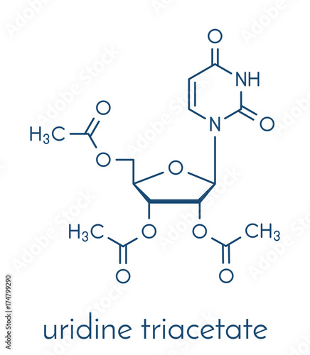 Uridine triacetate drug molecule. Used as antidote to treat chemotherapy overdoses. Skeletal formula.