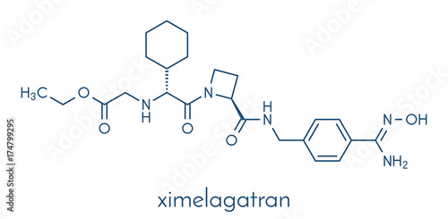 Ximelagatran anticoagulant drug molecule (direct thrombin inhibitor). Skeletal formula. photo