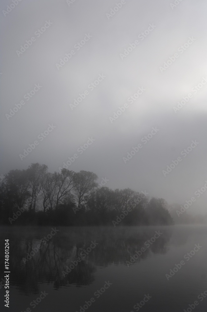 Fog covered lake near Wernau, Baden-Wuerttemberg, Germany, Europe
