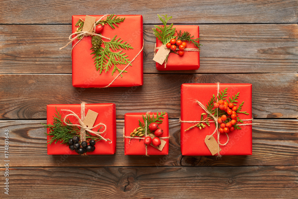 Christmas presents on wooden background Christmas presents on wooden background
