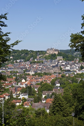 View of Marburg an der Lahn with the towntown, in the back the Marburger Schloss castle, University Museum of Cultural History, Lutherkirche church, Alte Universitaet university and the university church of Marburg, Hesse, Germany, Europe