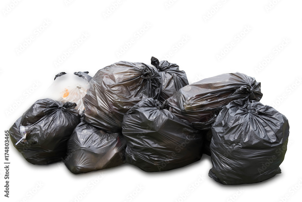Black garbage bags isolated on white background with shadow on floor, Concept for save environment and earth Black garbage bags isolated on white background with shadow on floor, Concept for save environment and earth
