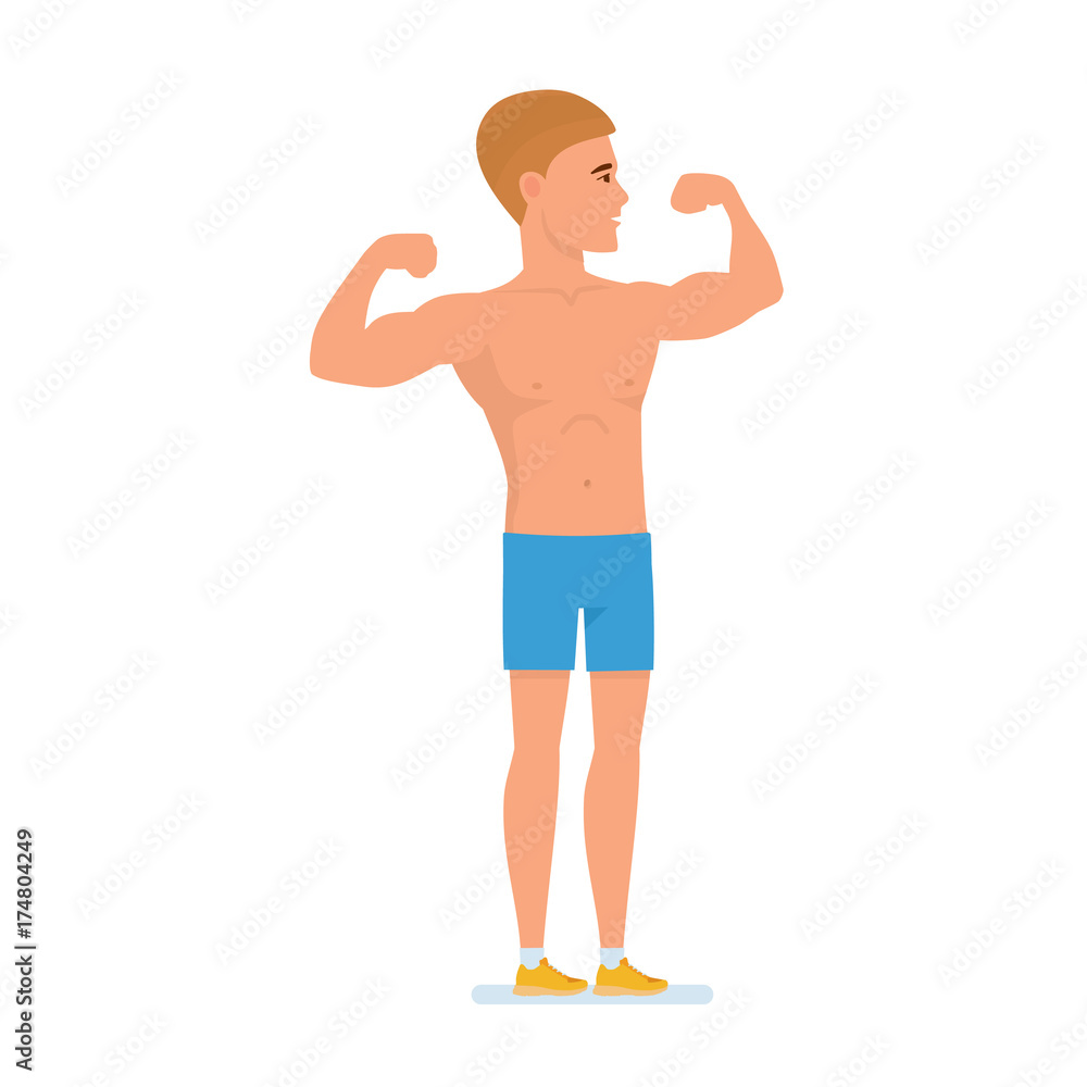 Young athlete demonstrates muscles, power, shows superiority over other athletes. Young athlete demonstrates muscles, power, shows superiority over other athletes.