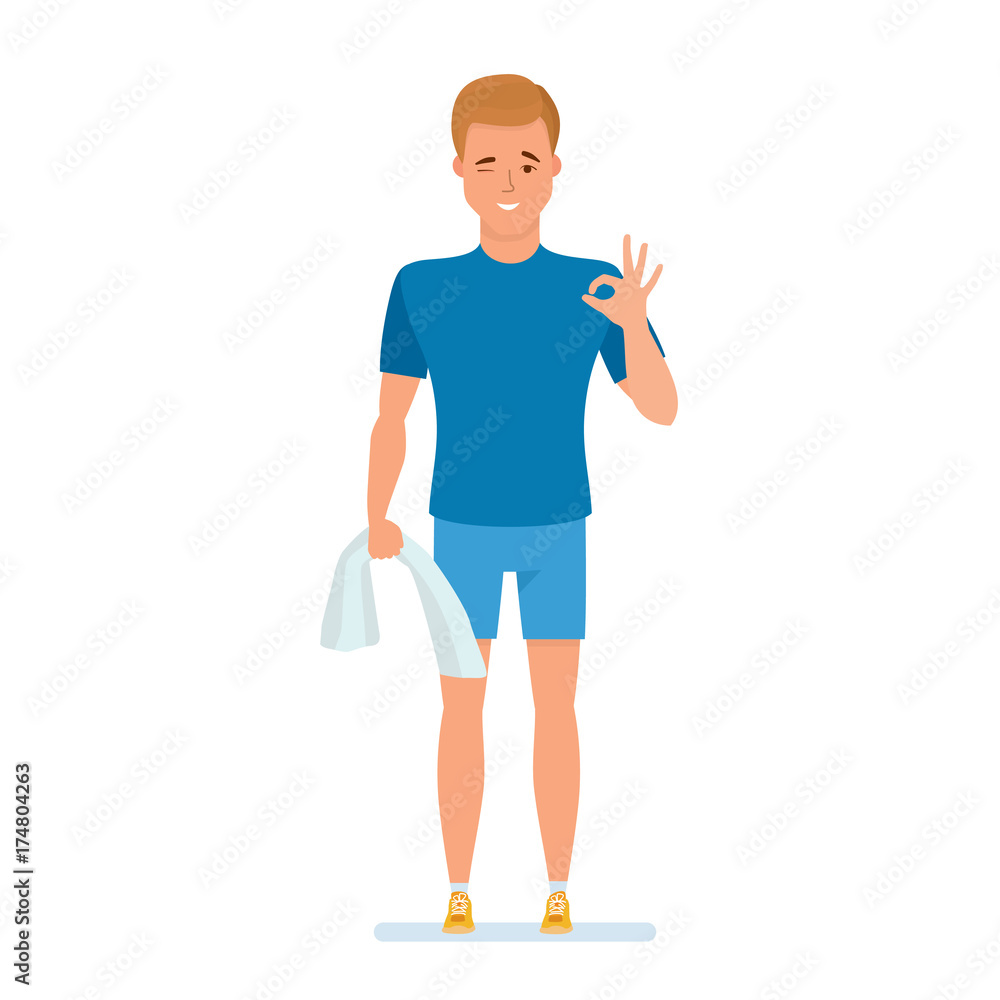 Athlete resting after training, holds towel in hand, demonstration gestures. Athlete resting after training, holds towel in hand, demonstration gestures.