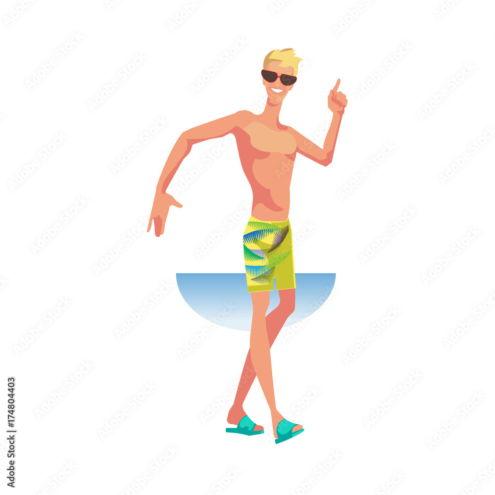 Stylish guy, in beachwear, dances with movements of hands, feet. Stylish guy, in beachwear, dances with movements of hands, feet.